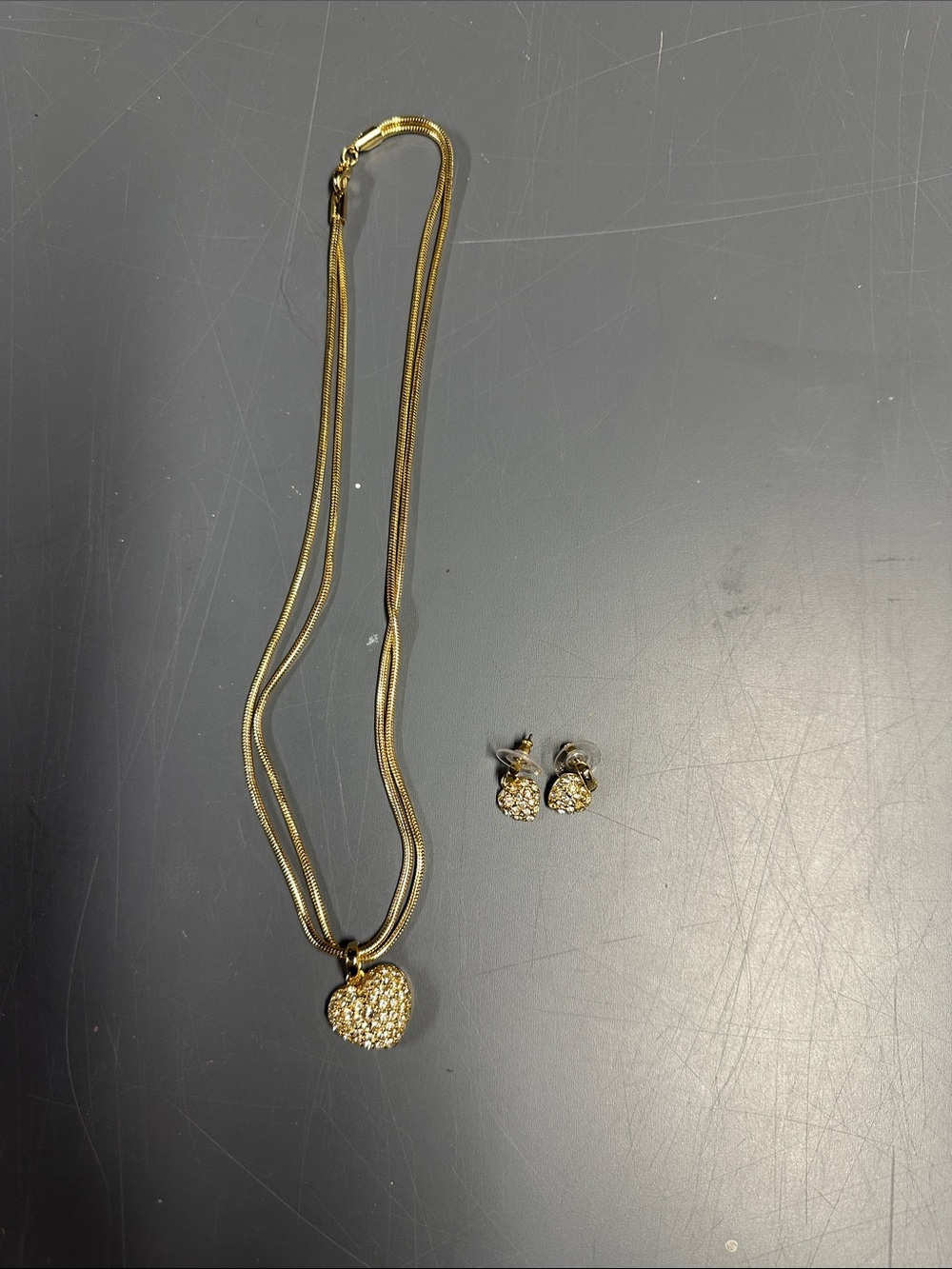 Gold Heart Pendant Necklace with Crystal Stud Earrings - Gold Tone